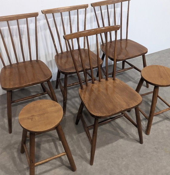 Image 1 of Four vintage slatted chairs with two stools.