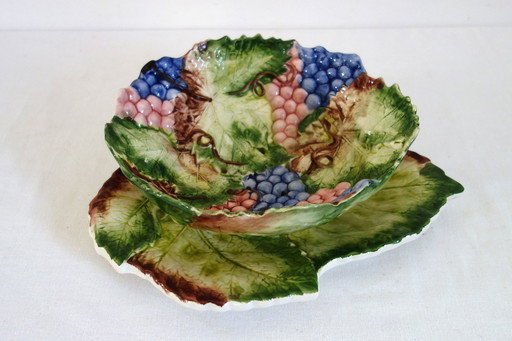 Fruit drainer and dish in vintage French barbotine
