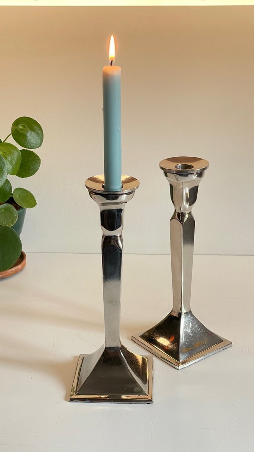 Pair of vintage chrome-plated cast aluminium candlesticks