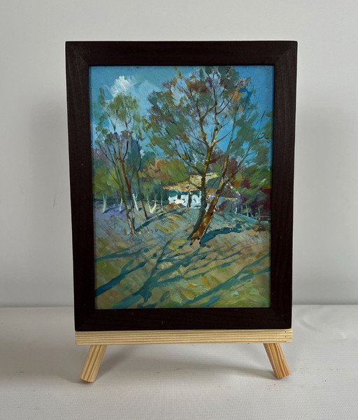 Origineel olieverfschilderij: Landschap bij een zomerhuisje in de schaduw van de bomen