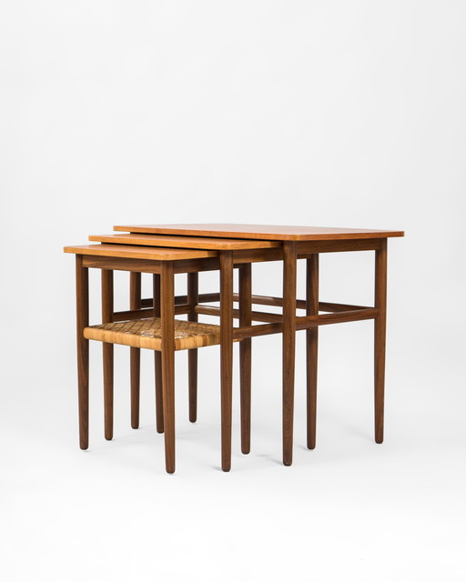 Mid Century Danish Nesting Tables Made Of Teak And Rattan