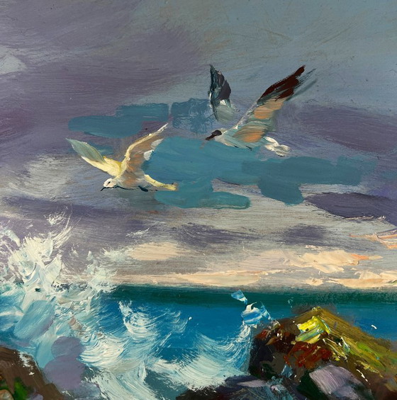 Image 1 of Original Oil Painting Coastal Waves Landscape Seagulls soaring over the endless sea