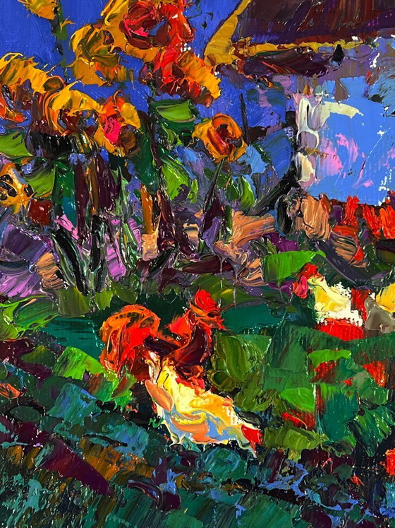 Image 1 of Origineel olieverfschilderij: Landelijk landschap, dorp, zonsondergang. De dag loopt ten einde.