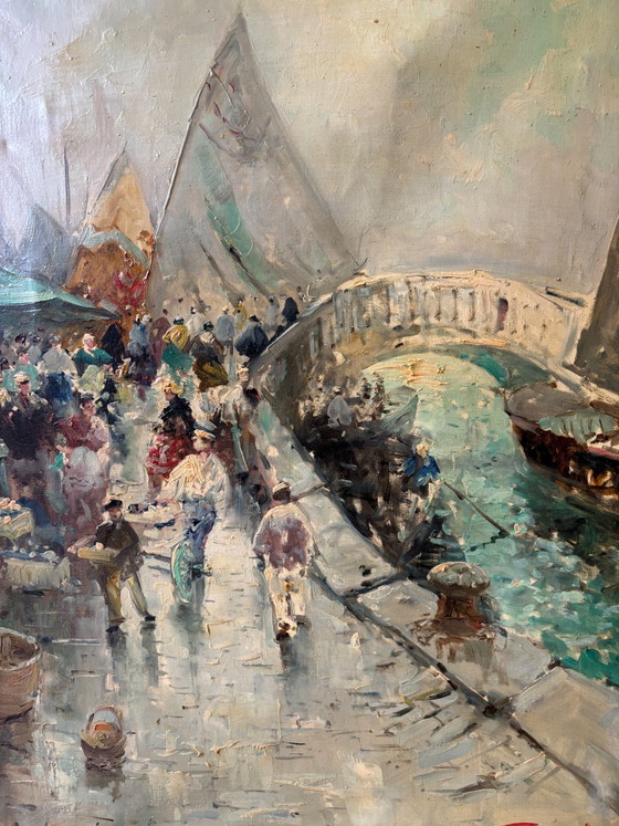Oil Painting on Canvas of a Venetian Canal View by Guido Mantovani, Early Twentieth Century (photo 2 of 8)