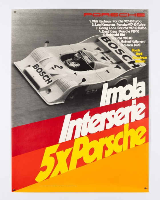 Image 1 of Imola Interserie 5x Porsche – 1973 – Originele Vintage Porsche Poster van Atelier Strenger – Mid-Century Modern – 102x76 cm