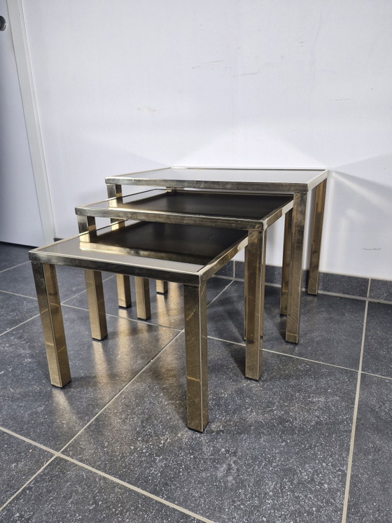 Set van 3 vintage nesttafels, Hollywood Regency-stijl, Belgochrom, Bijzettafels, Chroom, Gold (foto 3 van 12)