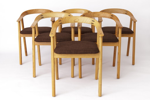 Ensemble de 6 chaises de salle à manger vintage en chêne - Probablement danoises, années 1970 - Remises à neuf et retapissées