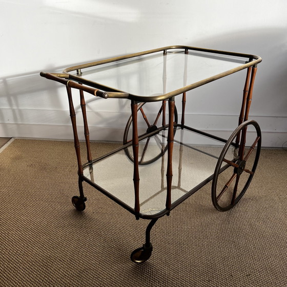 Image 1 of Faux Bamboo brass bar cart trolley serving trolley vintage