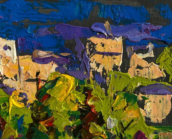 Image 1 of Original Oil Painting Summer Houses Landscape On the outskirts of the city