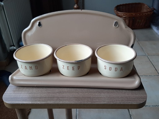 Antiker Emaille-Sand-, Seifen- und Limonadenständer