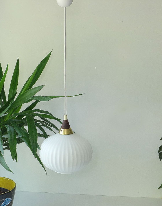 Image 1 of Vintage hanging lamp Danish design opal glass lamp teak 60s 70s