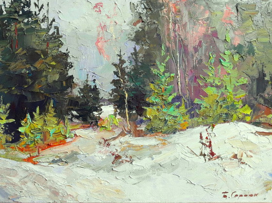 Original Oil Painting Nature Landscape Winter Forest Snow Getting Dark – Paintings & Drawings, Canvas (photo 5 of 8)