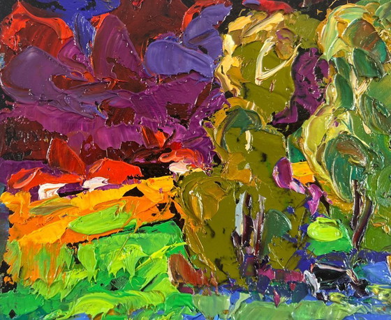 Image 1 of Original Oil Painting Summer Field Landscape The sky is preparing lightning