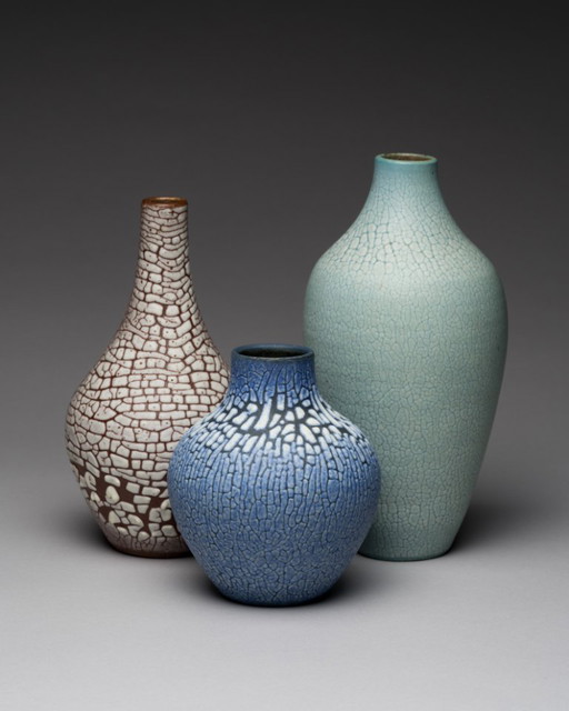 ALBERT KIESSLING "SNAKESKIN" Vase TRIO East German Pottery REDUKTIONSGLASUR GDR