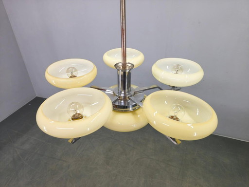 Art Deco Chrome Chandelier with Six Opaline Glass Shades, 1930s