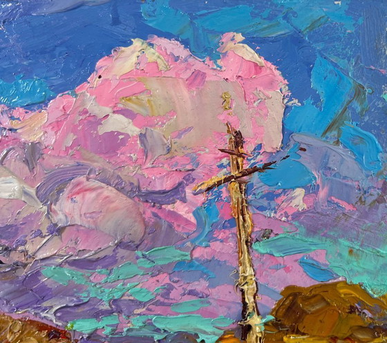 Image 1 of Original Oil Painting Summer Field Landscape The sun touches the ground