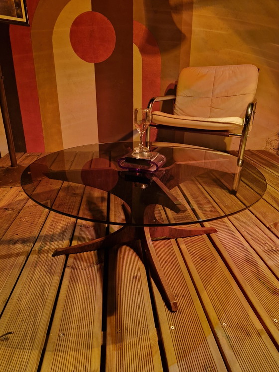 Image 1 of Vintage coffee table from the 1960s/70s after Hugues Poignant, smoked glass & teak