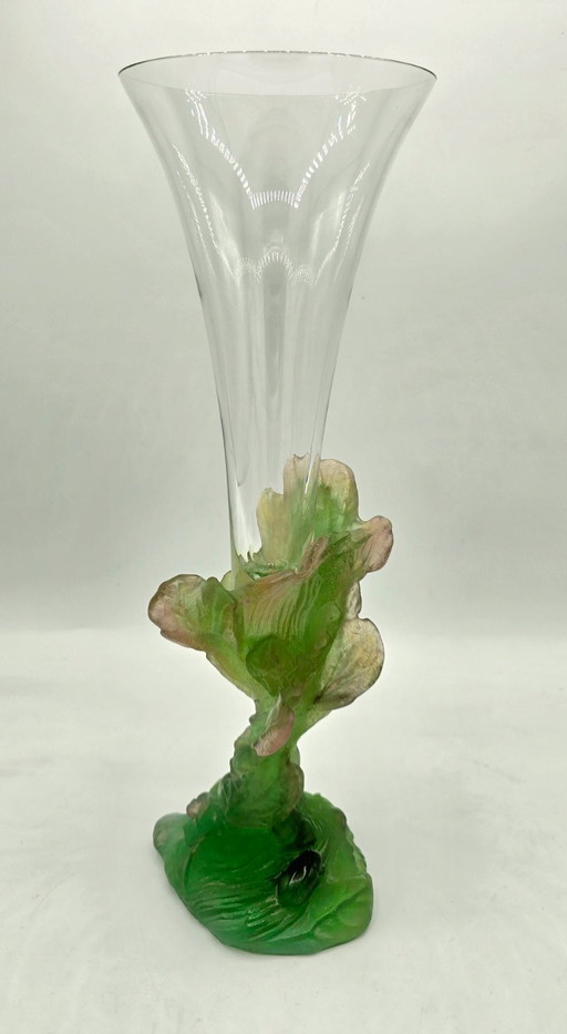 Daum - soliflore vase in crystal and green glass paste with vegetal decoration