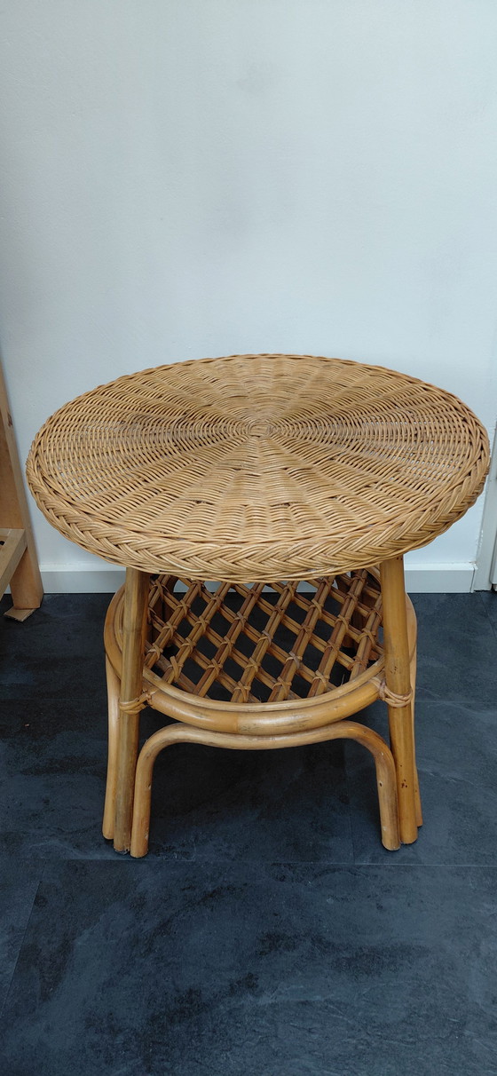 Image 1 of Tavolino da caffè vintage in rattan – Tessuto a mano, stile boho e naturale