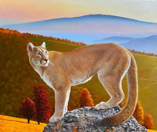 Original Oil Painting Portrait Animal Mountain Landscape Puma In The Wild – schilderijen tekeningen, Canvas