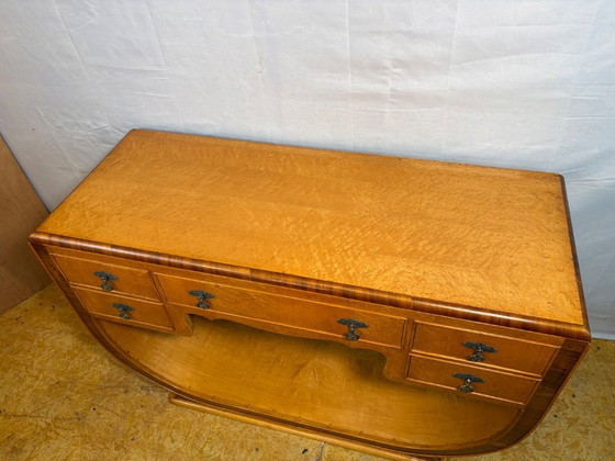Image 1 of Art Deco Antique Vintage Console Table in Bird’s Eye Maple 1920-1930  Sweeping U-Shaped Base • Brass Details • Elegant Statement