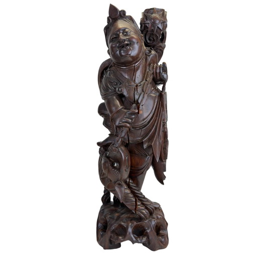 Antigua talla de madera japonesa Ebisu - Dios de los pescadores y la prosperidad - 59 cm