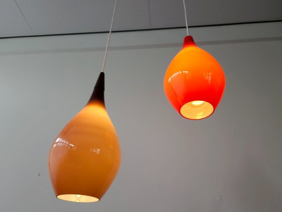 Image 1 of Drop glass mcm pendant lamp, white opal glass with purple top coat, scandinavian design