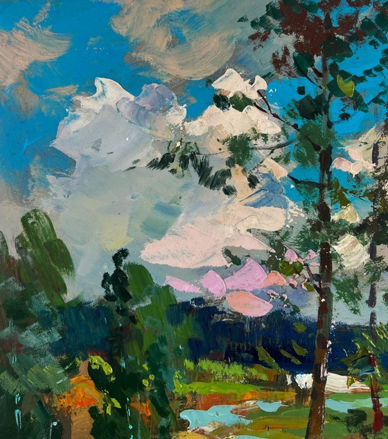 Image 1 of Original Oil Painting Summer Field Landscape Horses by the river