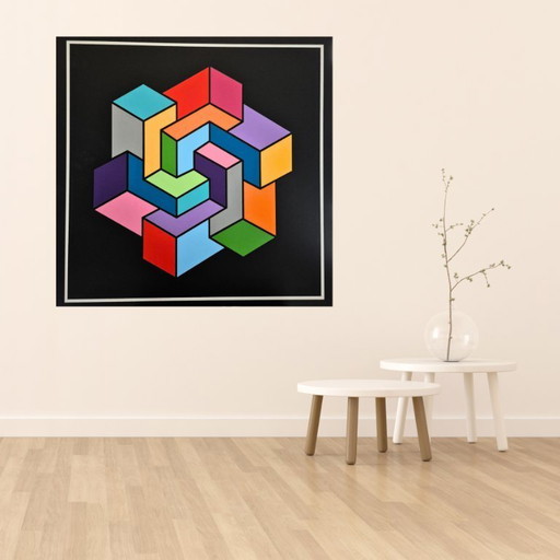 Geometric painting "Impossible Shape" - colorful abstract artwork on MDF (Franklin van Dam, 95x95 cm)