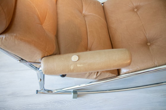 Image 1 of Fauteuil relax Lama 70's, chrome et simili cuir, repose pied repliable