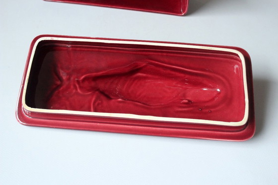 Image 1 of Vis pot Haring pot Matjestopf Keramiek bordeaux-rood - Vintage