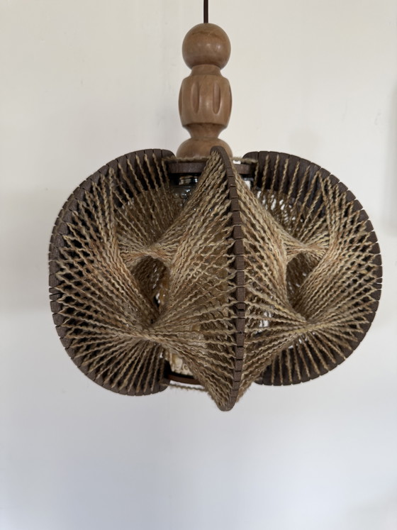 Image 1 of Vintage Danish pendant lamp in glass, wool & wood ‘60s