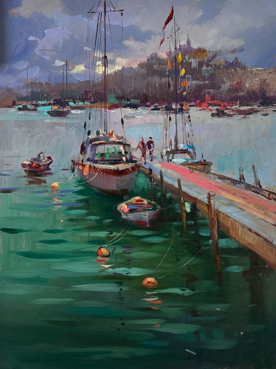 Image 1 of Original Oil Painting Coastal City Landscape A ship preparing to set sail