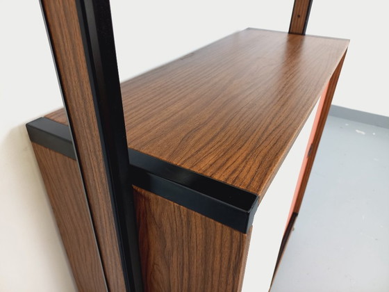 Image 1 of Libreria componibile vintage italiana in melaminico con decori in legno e metallo degli anni '60