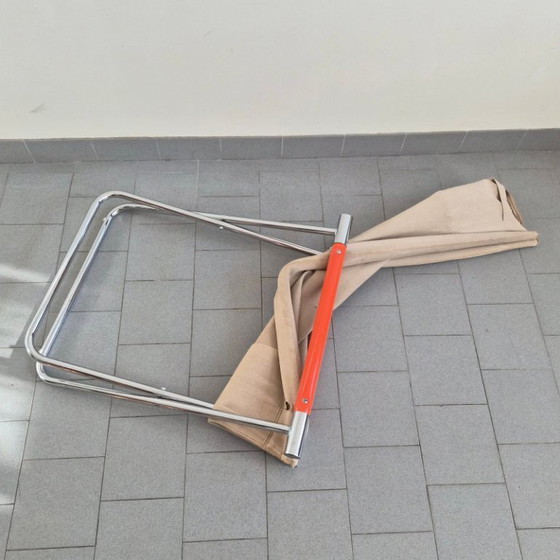 Image 1 of Poltrona pieghevole vintage giapponese, anni '70, in acciaio cromato e arancione e tela di iuta.