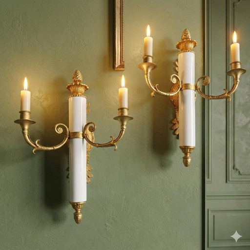 2 appliques murales bronze doré empire restauration porcelaine sconces