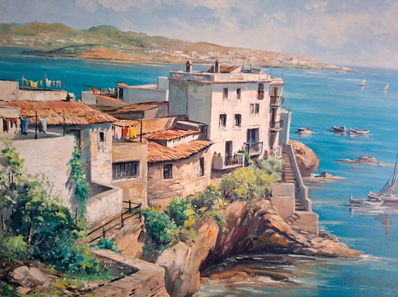 Image 1 of V. Berbegal. Oil on canvas painting + Ibiza postcard, artist reference - ca. 1980. Decoration