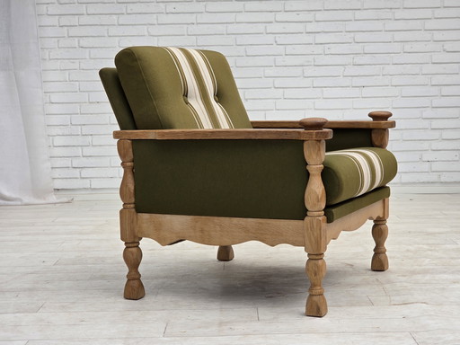 1970 Deense fauteuil, originele staat, meubelwol, massief eikenhout