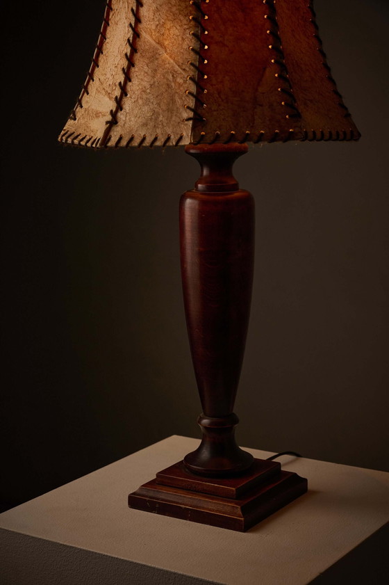 Turned Dark Wood Table Lamp with Stitched Shade, Rustic (photo 3 of 5)