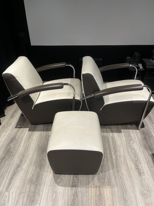 2 Leolux Scylla with Ottoman – fauteuils, Leather, Chrome