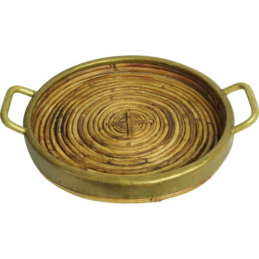 Rundes Vintage-Tablett aus Rattan und Messing, Italien 1970