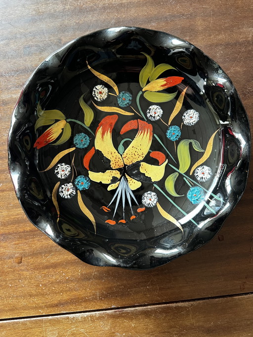 Dish in Émaux de Longwy, Grand Feu, Signed L. Valente