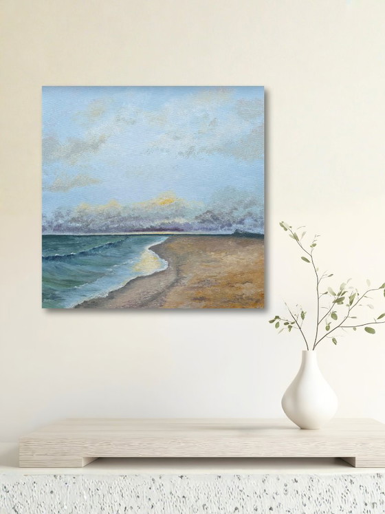 Image 1 of Rustgevend zeegezicht schilderij – verlaten strand en zachte horizon | Inheritance