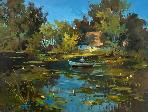 Dipinto ad olio originale Paesaggio estivo sul fiume Pesca tranquilla