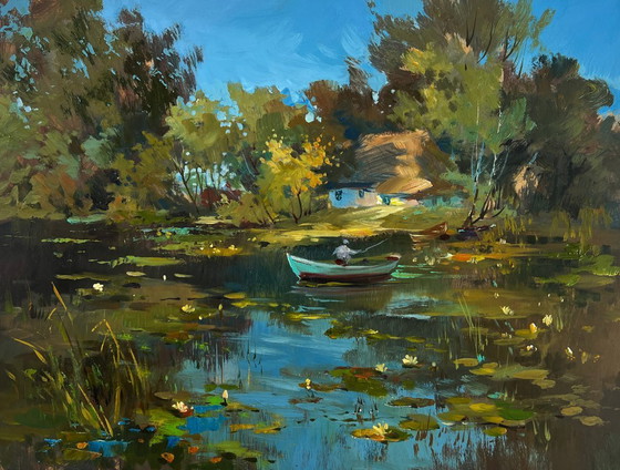 Image 1 of Original Oil Painting Summer River Landscape Quiet fishing