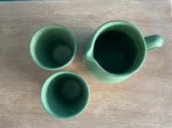 Image 1 of Digoin Sarreguemines 0.50 L Pitcher + 2 Matching Glasses – Vintage Aqua Green