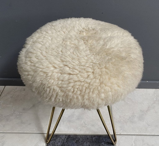 wool top brass small stool 1960s Sheep skin top