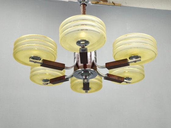 Image 1 of Art Deco Chrome and Walnut Chandelier, Czechoslovakia, 1930s