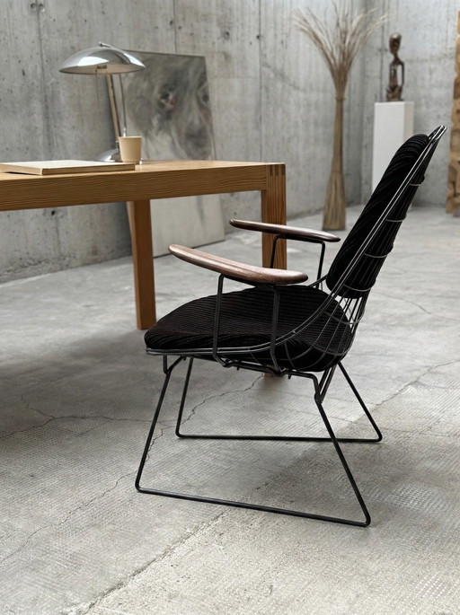 CEES BRAAKMAN & ADRIAAN DEKKER PER PASTOE “FM 06 WIRE CHAIR” SEDIA TEAK CORDA VELLUTO METALLO ANNI '50