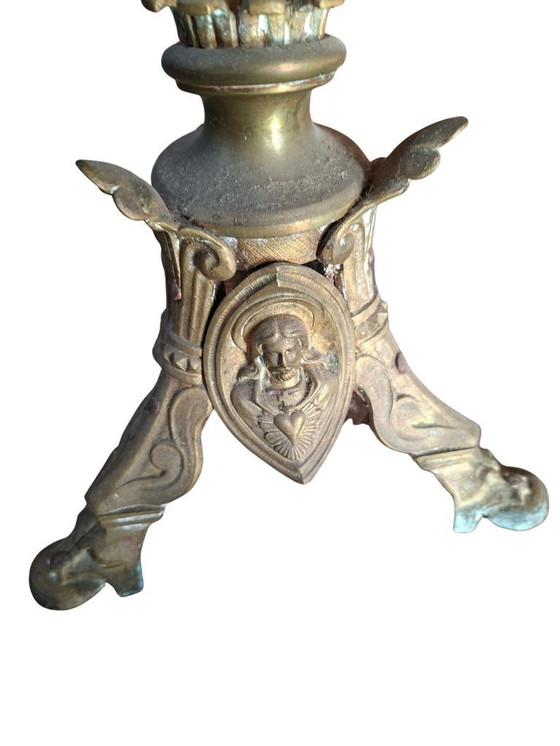 Image 1 of Pair of Antique Neo-Gothic Style BRONZE Altar Candelabra H 60 cm